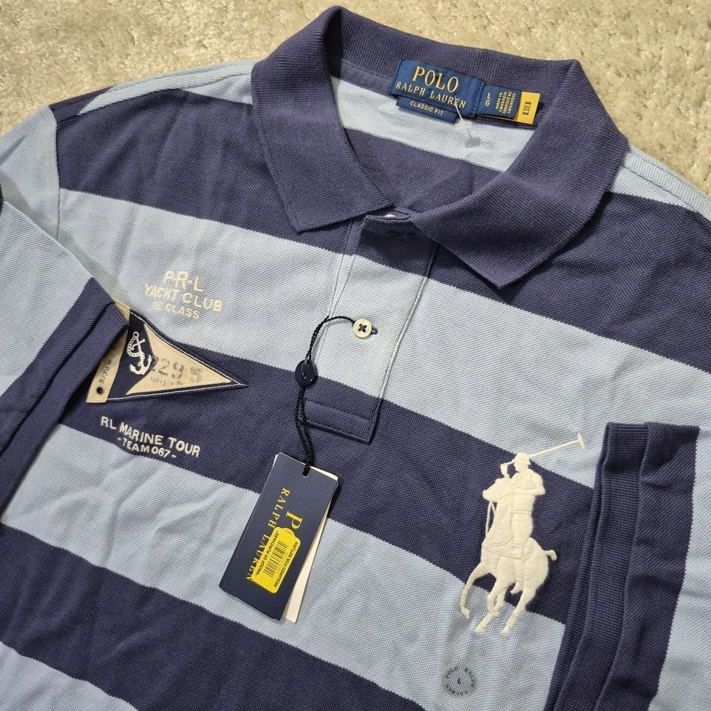 Polo Ralph Lauren Polo Shirt Mens Large Big Pony Yacht Club Blue Striped Marine